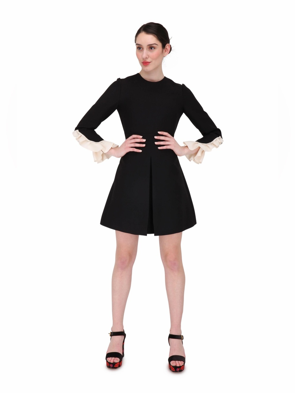 Valentino Couture Dress Womens 44 8 Black Ivory Crepe Frill Wool Silk